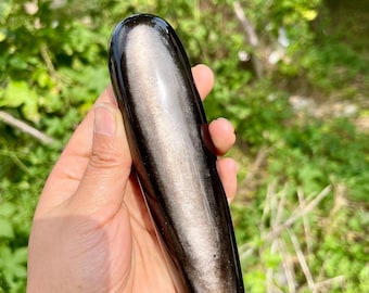May include: A polished, elongated black obsidian stone with a shimmering, metallic sheen. The stone is held in a hand against a backdrop of green foliage. The obsidian has a smooth, rounded shape.