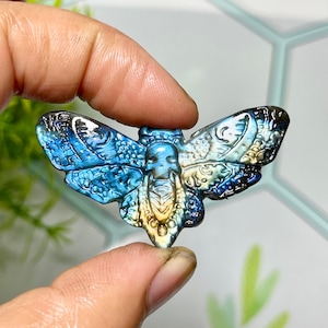 May include: A carved, iridescent moth pendant in shades of blue, teal, and gold. The wings feature intricate patterns and textures. The pendant is held between two fingers, showcasing its detailed craftsmanship.