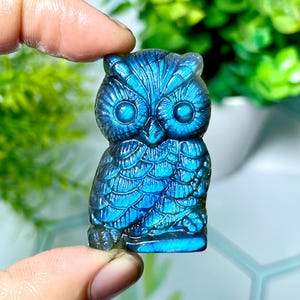 May include: A carved blue owl figurine with iridescent qualities. The owl has large, round eyes and detailed feather patterns. The figurine is held between fingers, showcasing its size and intricate design. The owl is a decorative item.