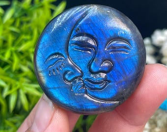 Labradorite Sun and Moon Carving, Natural Energy Crystal Figurine