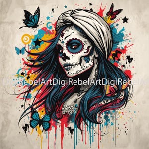Sugar Skull Woman Art – Kleurrijke dia de los Muertos-print (digitale download)