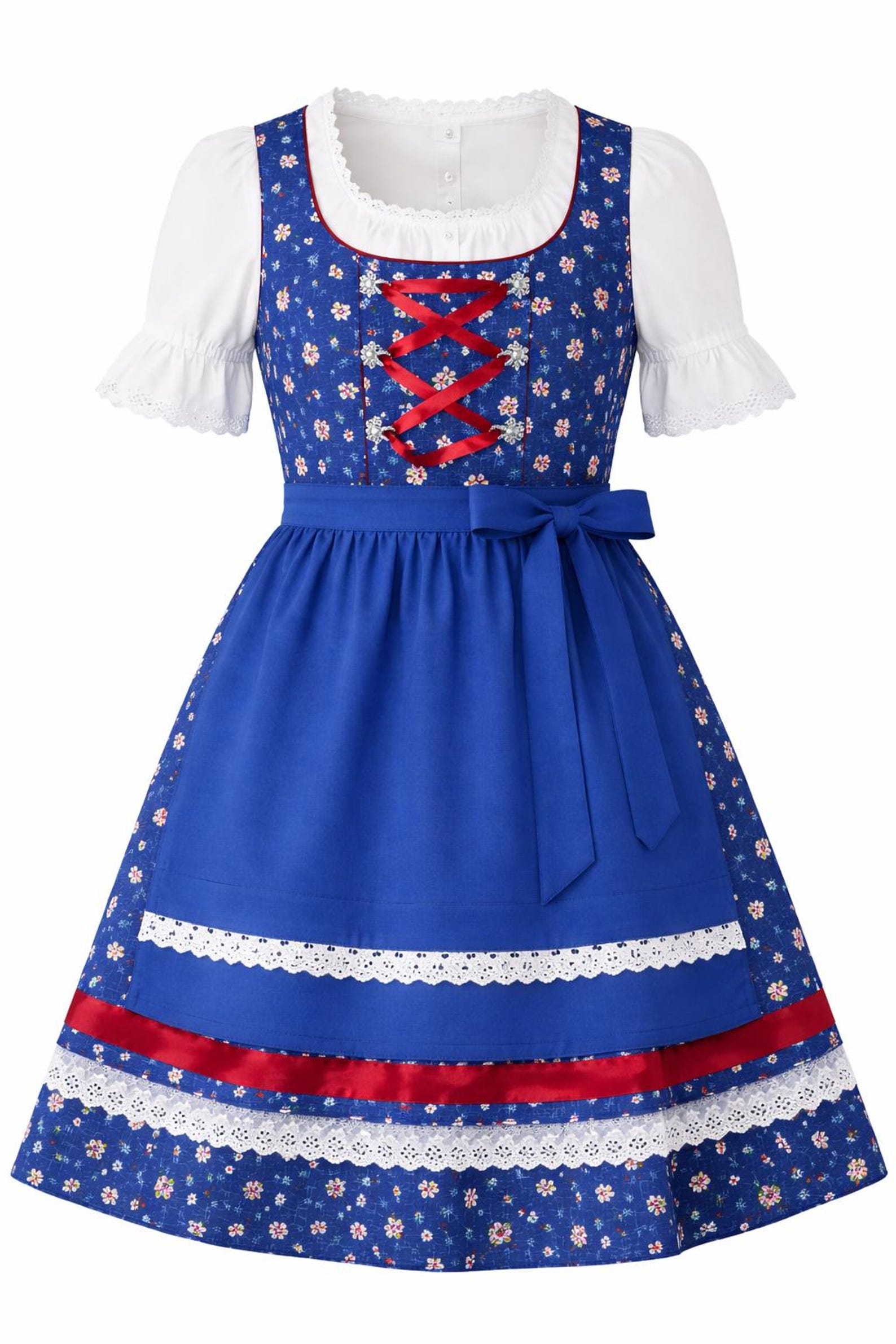 Girls Blue Floral Dirndl Dress – Bavarian Oktoberfest Outfit with Apron