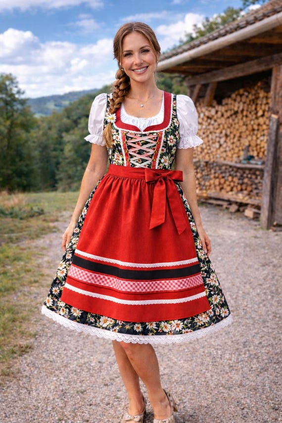 bavarian ladies dress Elegant Red Floral Dirndl for Women – Oktoberfest with Ribbon Apron & Lace Blouse Swatch:#f2f0ec