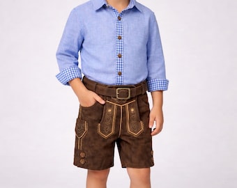 Brown Lederhosen for Boys with Shirt – Kids Bavarian Outfit, Oktoberfest Costume, Alpine Shorts Set