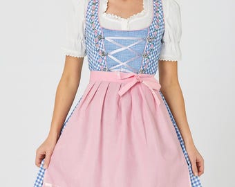May include: A traditional Bavarian dirndl dress. The dress features a blue and white checkered pattern on the skirt and bodice, with a pink apron and a white blouse. The bodice is adorned with floral embroidery and a criss-cross design.