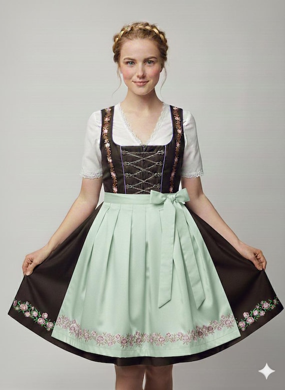 Traditional German Dirndl Dress - Brown Bodice with Floral Apron, Oktoberfest Outfit