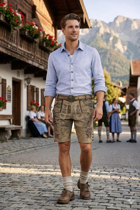 Mens Vintage Lederhosen Outfit – Antique Bavarian Leather Shorts With Traditional Shirt