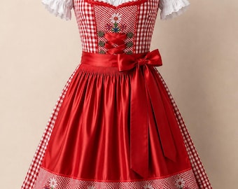 May include: A traditional red and white gingham dirndl dress. The bodice features a square neckline, floral embroidery, and a ribbon tie. The skirt is a solid red with a matching apron. White puff sleeves and a ruffled neckline complete the look.