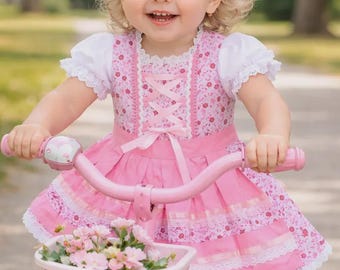 Różowa sukienka dirndl dla dziewczynki – kwiatowy strój bawarski, kostium na Oktoberfest dla malucha z fartuchem