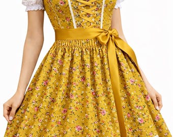 Mustard Yellow Floral Dirndl Dress – Traditional Bavarian Lace Apron Blouse