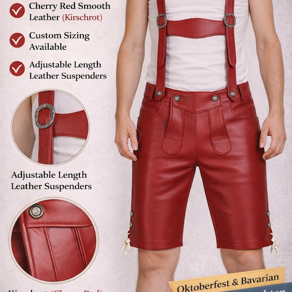 Pantalones de cuero rojo liso para hombre / Pantalones cortos Glattleder lisos con tirantes para Oktoberfest