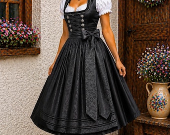 Vestido Dirndl negro con delantal bordado – Traje tradicional bávaro