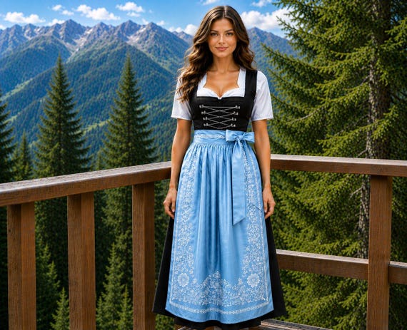 Sky Blue Bavarian Dirndl Dress With Embroidered Apron – Midi Oktoberfest Trachten Outfit