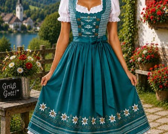Vestido midi dirndl color turquesa bordado, atuendo tradicional bávaro para el Oktoberfest.