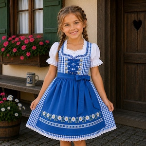 May include: A blue and white checkered dirndl dress with a white blouse and daisy embroidery. The dress features a blue skirt, a white lace trim, and a blue bow at the waist. The bodice has a laced design.