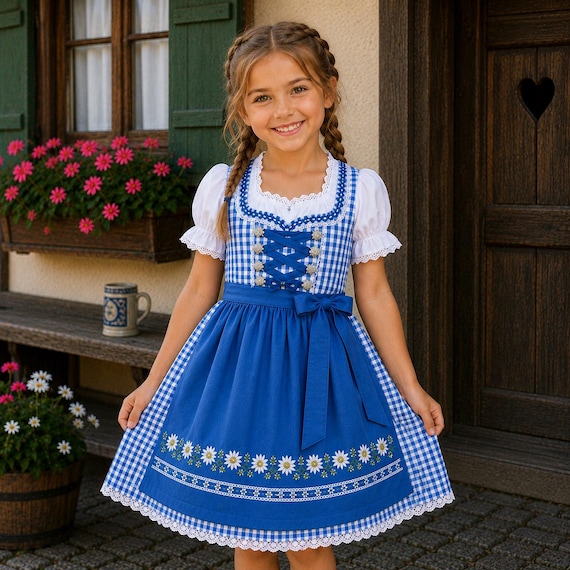 blue dirndl dress Handmade Check – Kids Bavarian Costume With Lace Details black off-shoulder dress balancing tradition with sophistication Sky To Moon Blaire SIZE:34