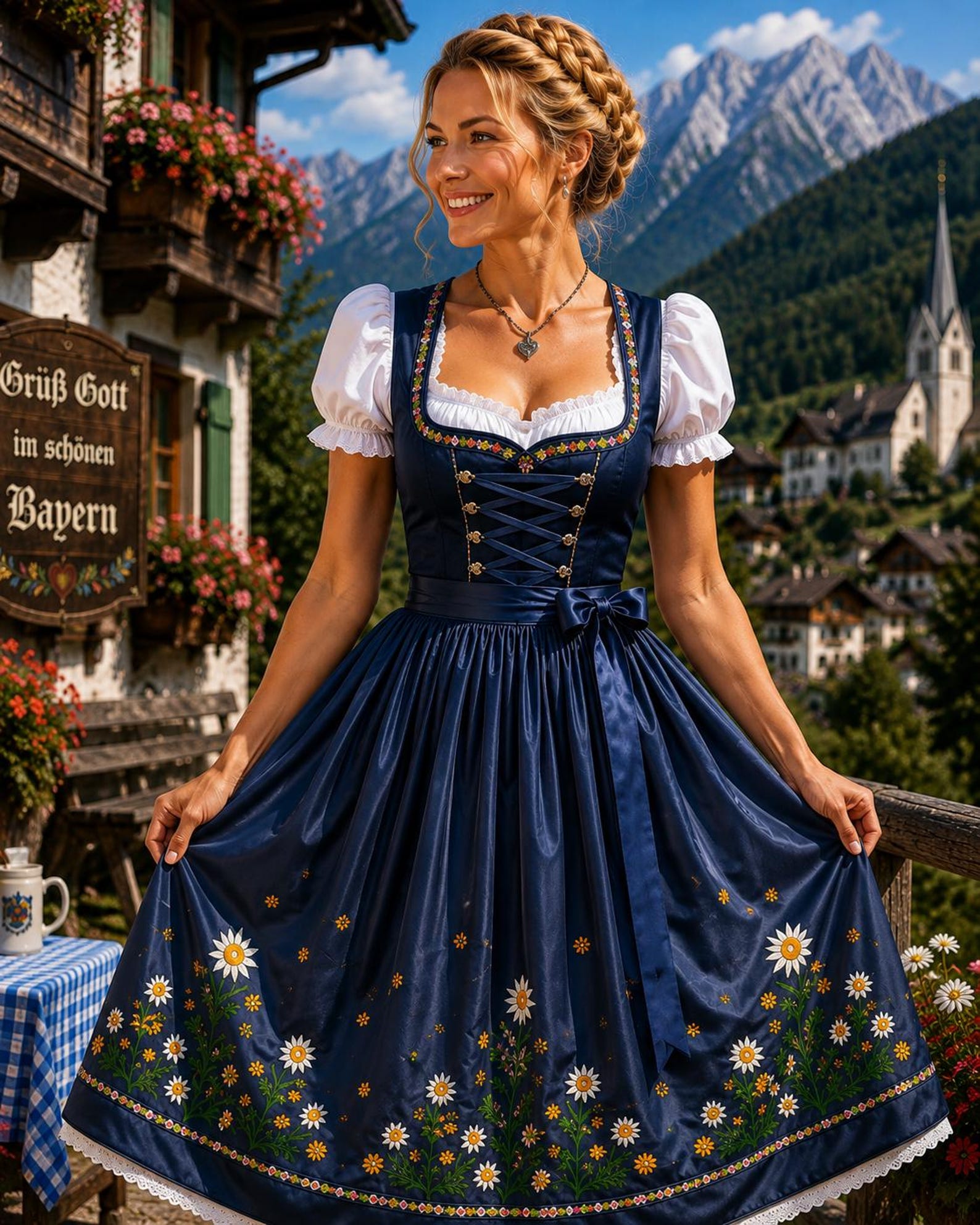 Traditional Bavarian Dirndl Dress, Floral Embroidered Apron, White Blouse (3-Piece Set)