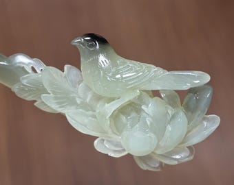 Jade Hairpin Hand-Carved,Festive Floral Xiuyu Hair Jewelry, Elegant 3D Design Ld05