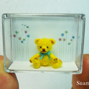 Miniature Mohair Bear 0.8 inch Tiny Amigurumi Crochet Yellow Teddy Bear Blue Bow Made To Order image 5