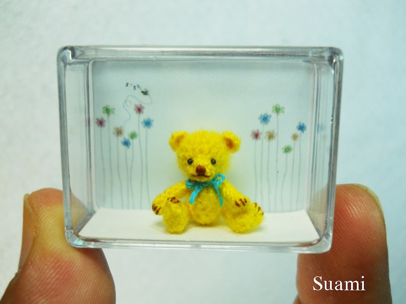 Miniature Mohair Bear 0.8 inch Tiny Amigurumi Crochet Yellow Teddy Bear Blue Bow Made To Order image 5