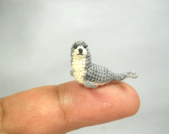 Grey White Seal - Miniature Crochet Pinniped Stuffed Animal - Made to Order