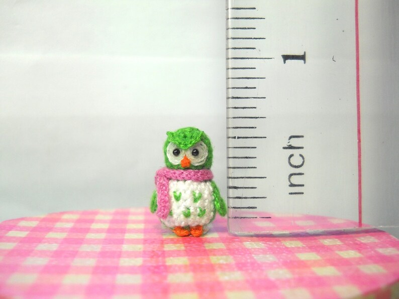 Green Owl Pink Scarf Micro Crochet Miniature Bird Made To Order image 2