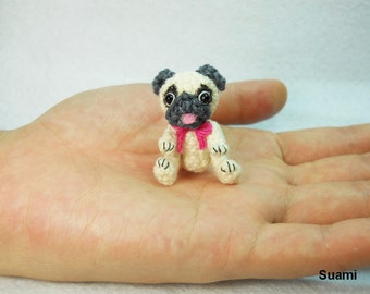 Tan Pug Dog with Pink Bow - Teeny Tiny Dollhouse Miniature Pet - Cotton Yarn Crocheted Pugs - Made To Order