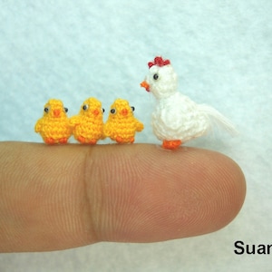 White Hen And Yellow Chicks Micro Crochet Amigurumi Chickens Set of Four Chickens Made To Order image 1