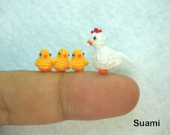 White Hen And Yellow Chicks  - Micro Crochet Amigurumi Chickens - Set of Four Chickens - Made To Order
