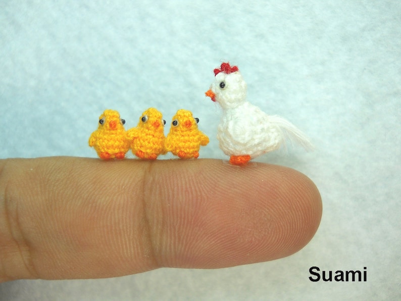 White Hen And Yellow Chicks Micro Crochet Amigurumi Chickens Set of Four Chickens Made To Order image 1