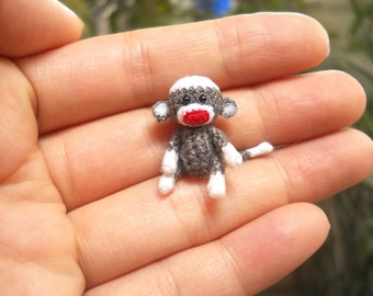 Tiny Sock Monkey 1 inch - Micro Amigurumi Crochet Miniature Sock Monkey Stuff Animal - Made To Order