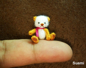 Cute Mohair Teddy Bear - Micro Crocheted  Teddy 0.8 Inch Pink Scarf - Made To Order