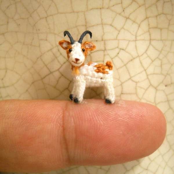 1/2 Inch Amigurumi Goat, White Brown  - Micro Miniature Crochet Stuffed Animal - Made To Order