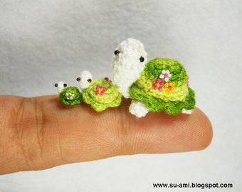 Flowery Turtle Family - Micro Amigurumi Crochet Tortoises - Set of 3 Green Turtles - Made To Order