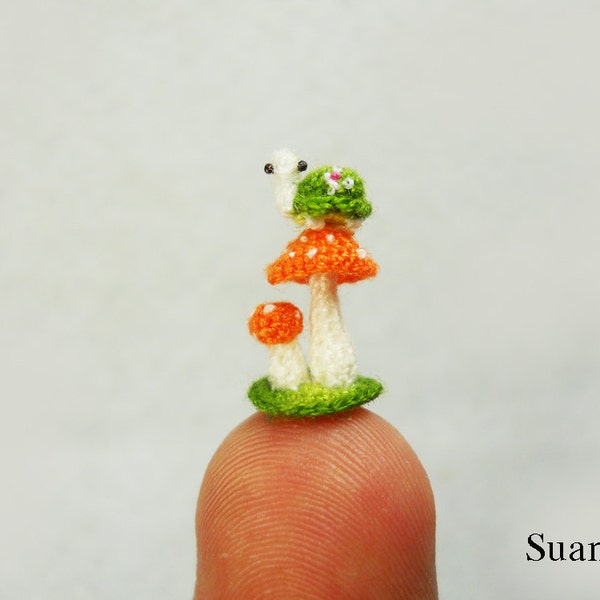 Micro Green Turtle Orange Mushroom - Tiny Crochet Plush Miniature Tortoise - Made To Order