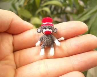 Sock Monkey 1 Inch Pom Pom Hat - Tiny Crochet Miniature Sock Monkey Stuff Animal - Made To Order