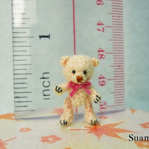 Miniature Creme Mohair Bear Micro Crocheted Bears 0.8 Inch Scale with Pink Bow Made To Order image 4