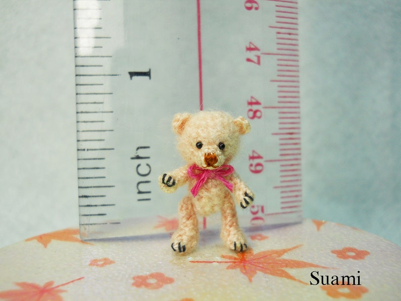 Miniature Creme Mohair Bear Micro Crocheted Bears 0.8 Inch Scale with Pink Bow Made To Order image 4