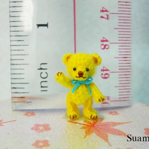 Miniature Mohair Bear 0.8 inch Tiny Amigurumi Crochet Yellow Teddy Bear Blue Bow Made To Order image 4