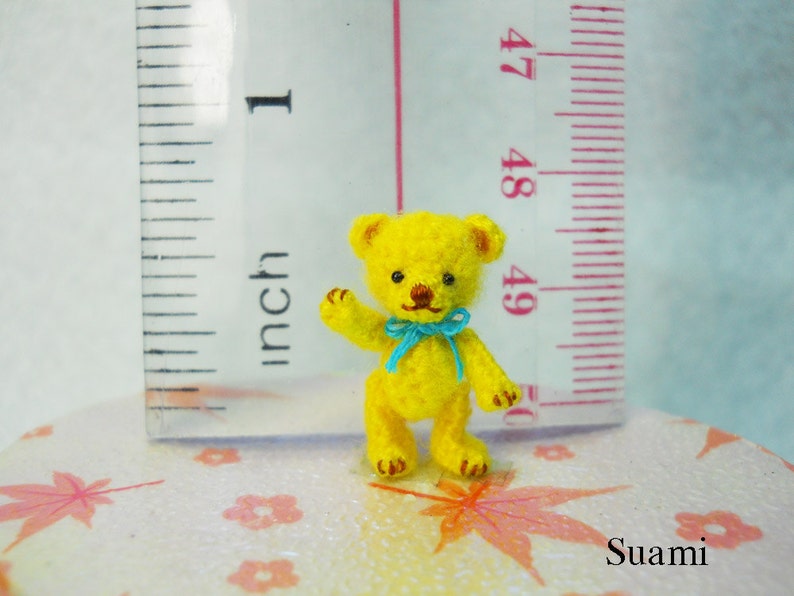 Miniature Mohair Bear 0.8 inch Tiny Amigurumi Crochet Yellow Teddy Bear Blue Bow Made To Order image 4