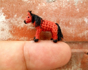 Chestnut Horse - Micro Amigurumi Miniature Crochet Tiny Stuffed Animal - Made To Order