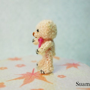 Miniature Creme Mohair Bear Micro Crocheted Bears 0.8 Inch Scale with Pink Bow Made To Order image 3