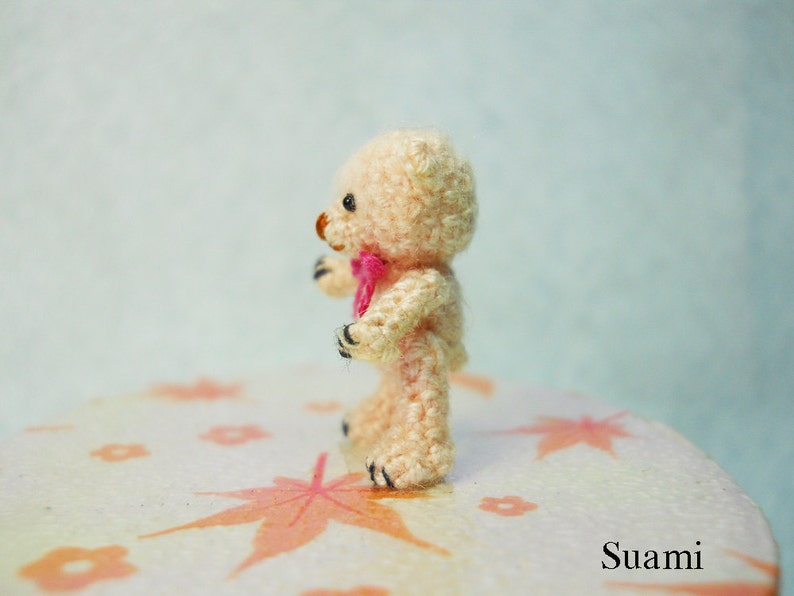 Miniature Creme Mohair Bear Micro Crocheted Bears 0.8 Inch Scale with Pink Bow Made To Order image 3