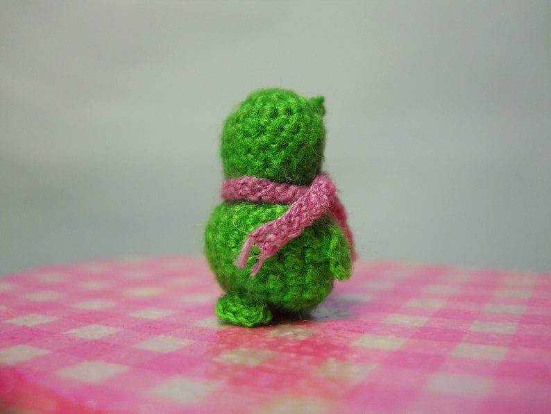 Green Owl Pink Scarf Micro Crochet Miniature Bird Made To Order image 4