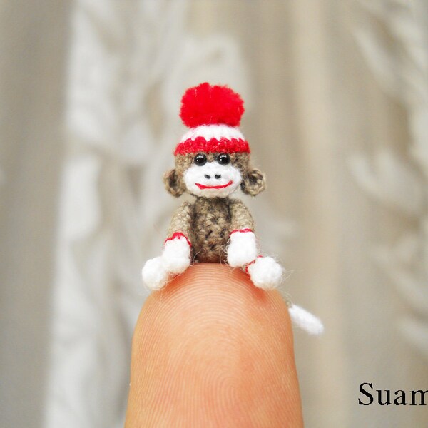 Sock Monkey Pom Pom Hat - 1 Inch Tiny Crocheted Gray Sock Monkeys - Made To Order