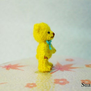 Miniature Mohair Bear 0.8 inch Tiny Amigurumi Crochet Yellow Teddy Bear Blue Bow Made To Order image 3