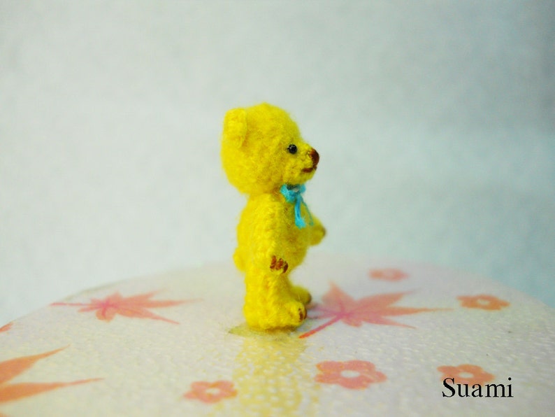 Miniature Mohair Bear 0.8 inch Tiny Amigurumi Crochet Yellow Teddy Bear Blue Bow Made To Order image 3