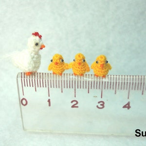 White Hen And Yellow Chicks Micro Crochet Amigurumi Chickens Set of Four Chickens Made To Order image 4