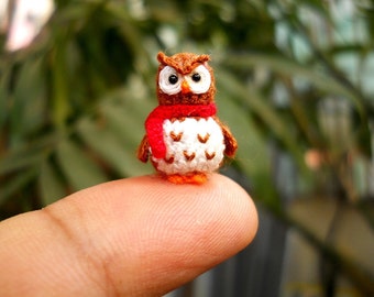 Brown Owl Red Scarf - Teeny Tiny Amigurumi Miniature Bird Stuffed Animal - Made To Order