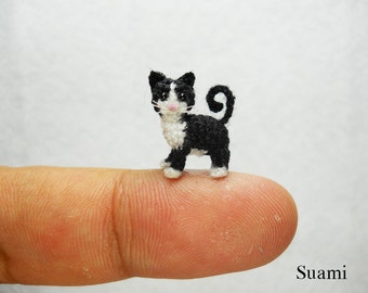 0.5 Inch Tuxedo Cat Kitten -  Micro Amigurumi White Black Cat Stuffed Animal - Made to Order